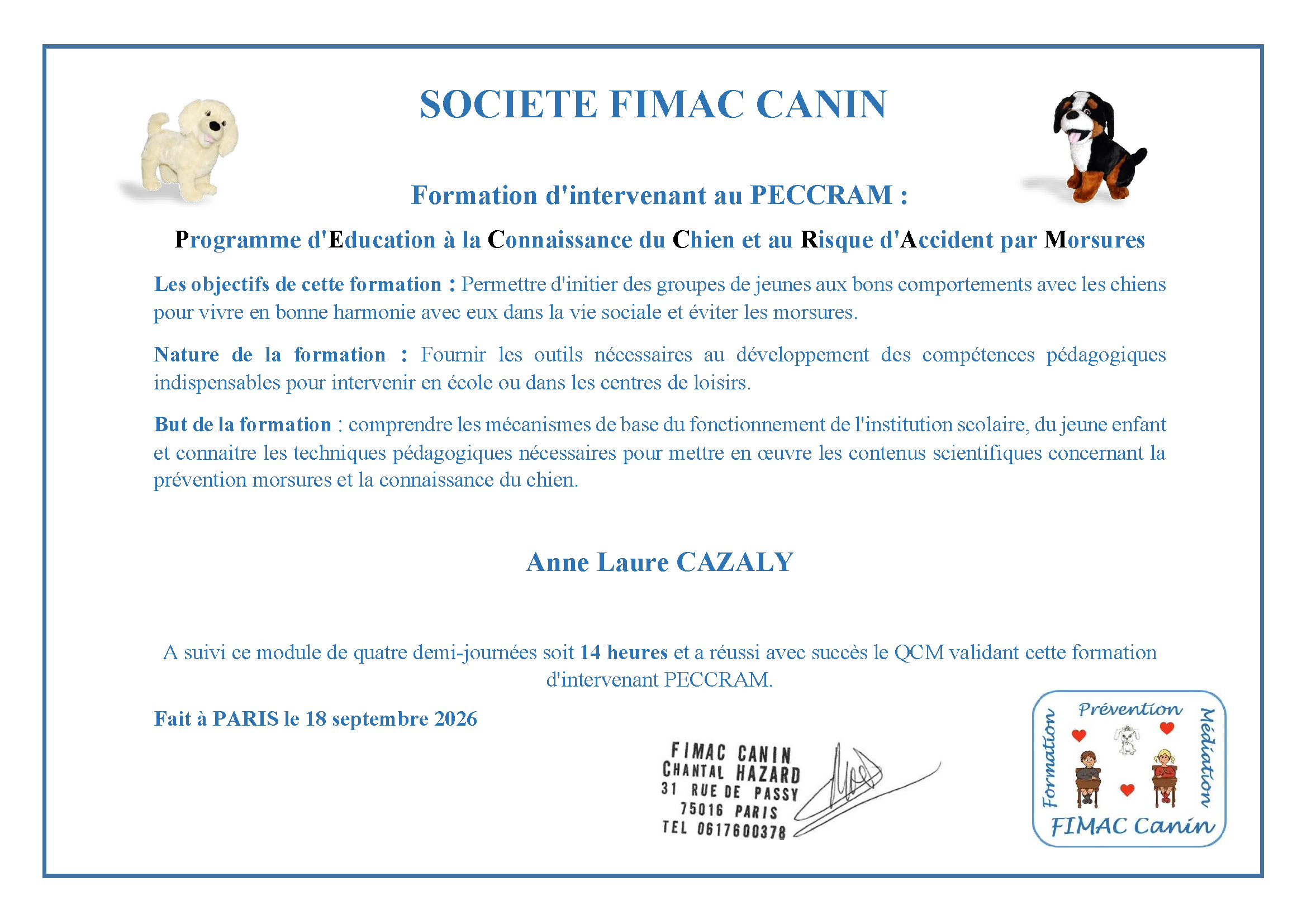 Attestation de formation PECCRAM d’Anne-Laure Cazaly, FIMAC Canin